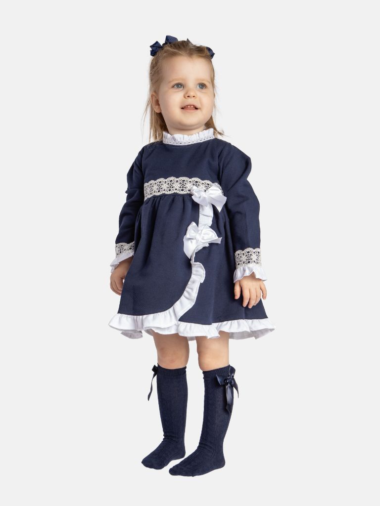 Baby Girl Lorianna Collection Spanish Dress with Ruffles and Bows-Navy Blue