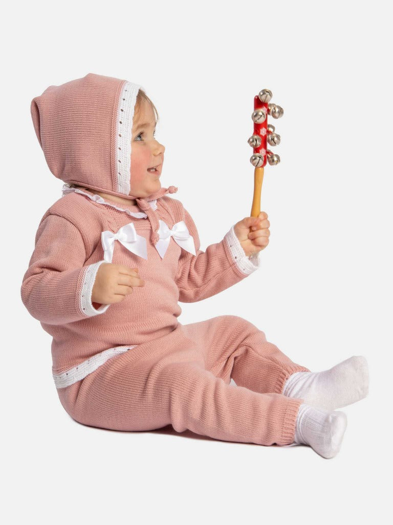 Baby Girl Ana Collection 3-piece Dusty Pink Knitted Set with Bows and Bonnet