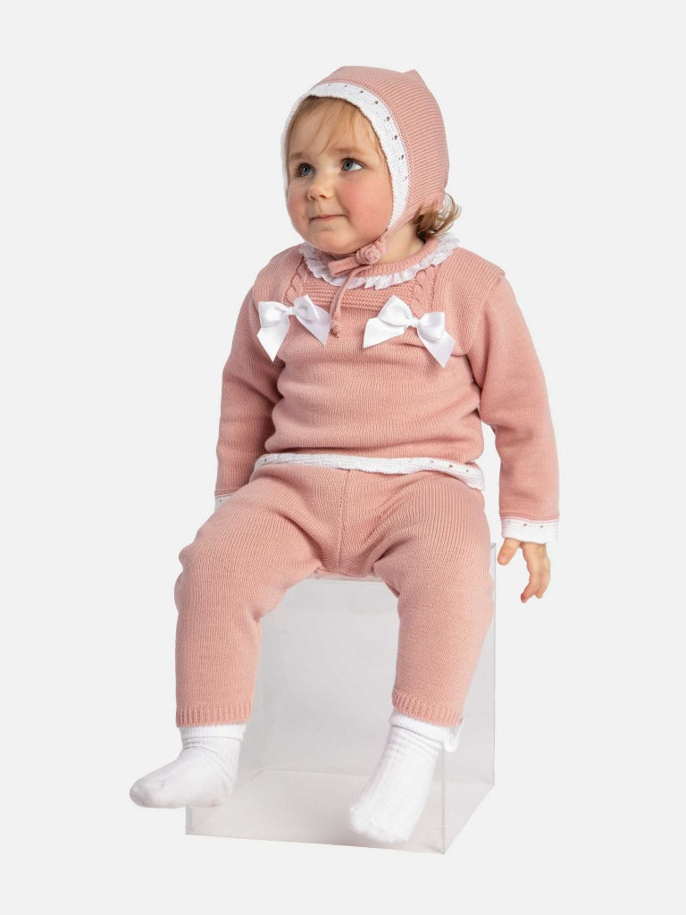 Baby Girl Ana Collection 3-piece Knitted Set with Bonnet-Dusty Pink