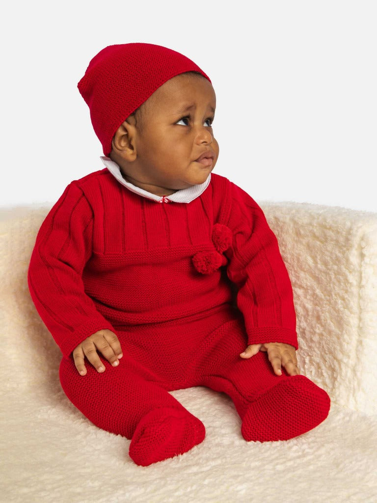 Baby Boy Hugo Collection 3-piece Red Knitted Set with Pom-poms and Hat