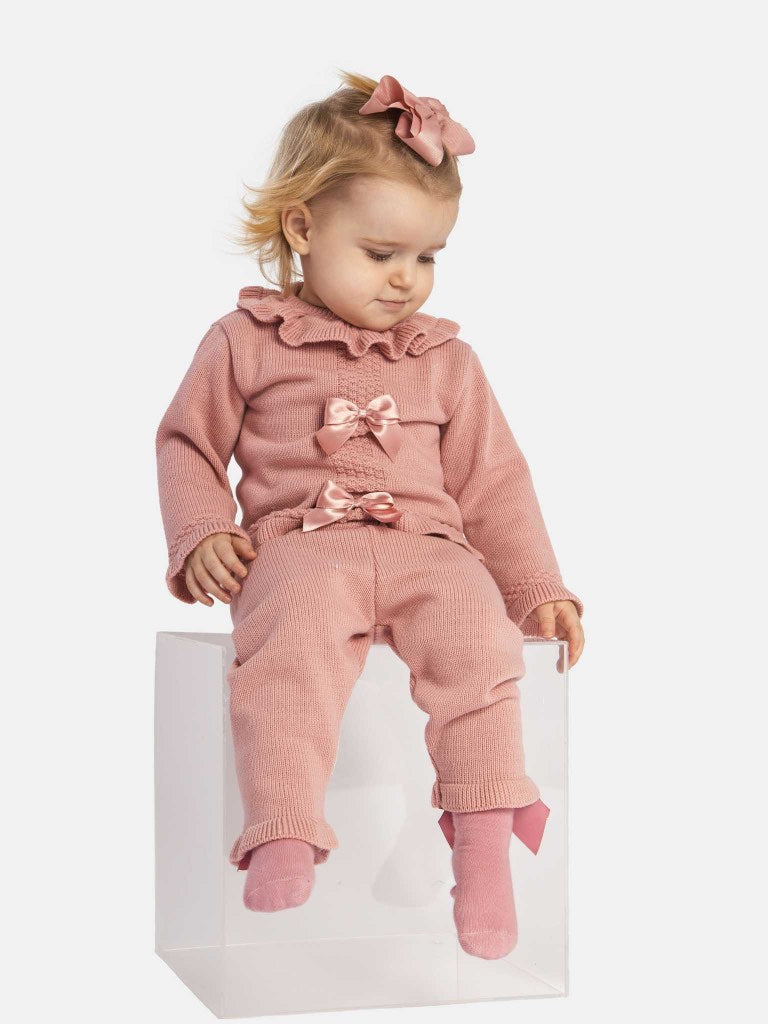 Baby Girl Rosabella Collection 3-piece Dusty Pink Knitted Set with Bows and Bonnet