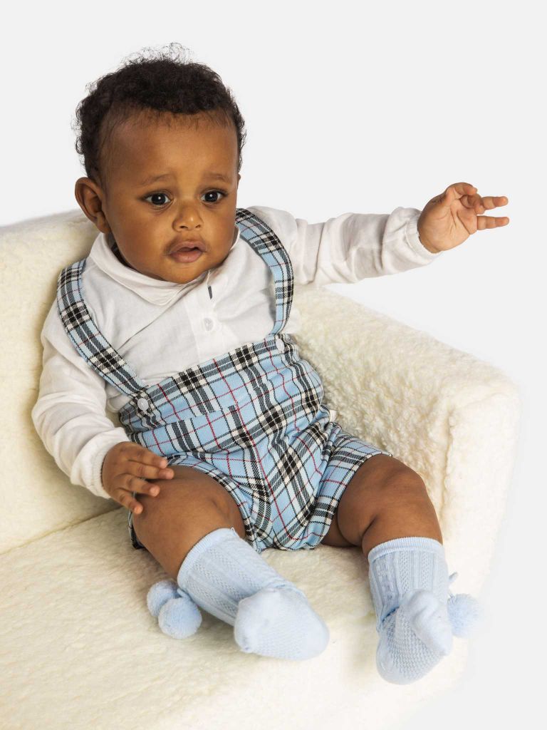 Baby Boy Luxury Tartan Romper with full sleeves White shirt - Baby Blue - Small Fit