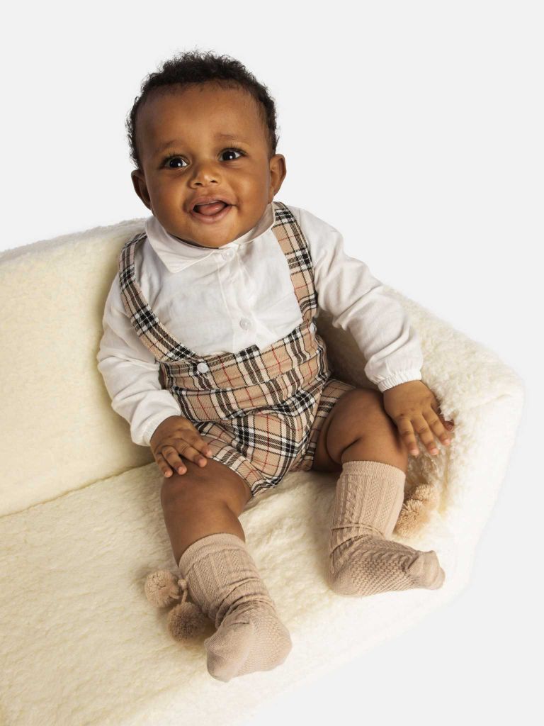 Baby Boy Luxury Tartan Romper with full sleeves white shirt - Beige - Small Fit