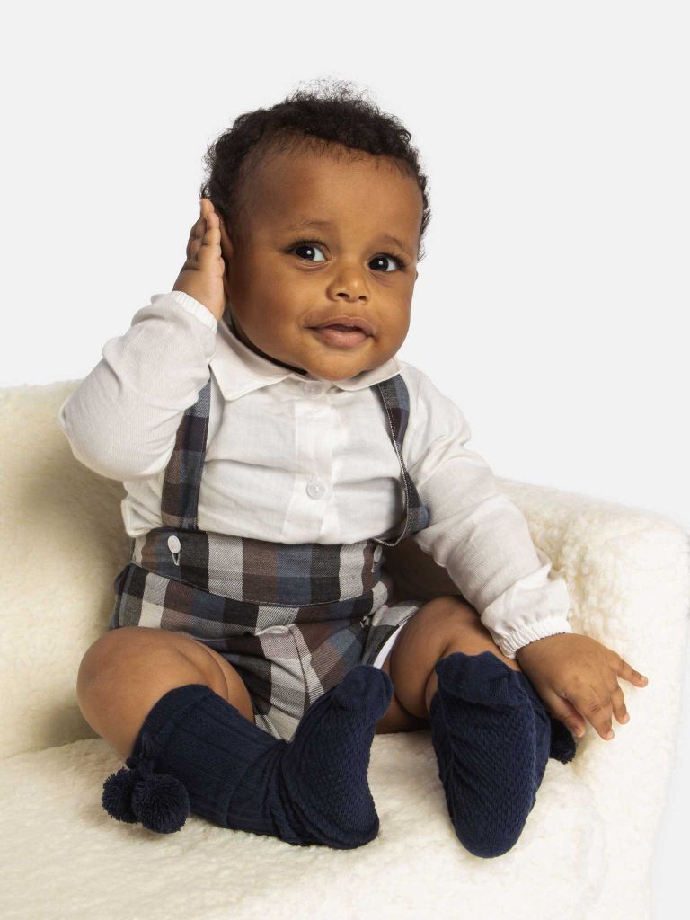 Baby Boy Luxury Tartan Romper with full sleeves white shirt - Navy Blue - Small Fit
