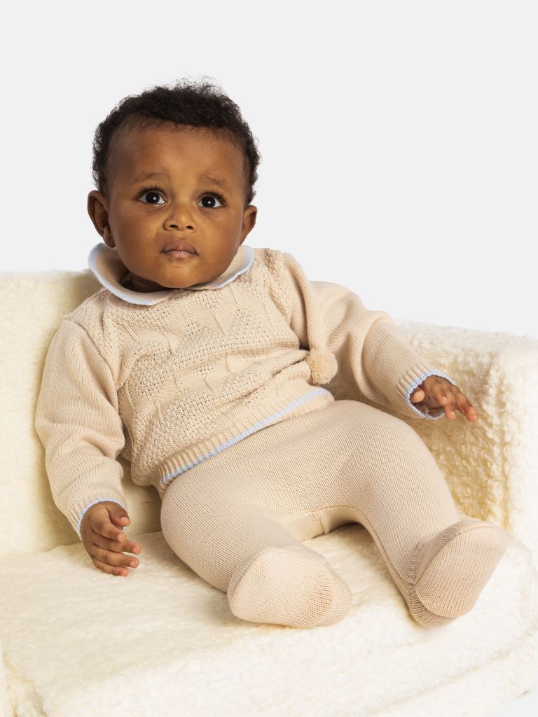 Baby Boy New Santiago Collection Knitted 3 piece set with Pompom - Beige