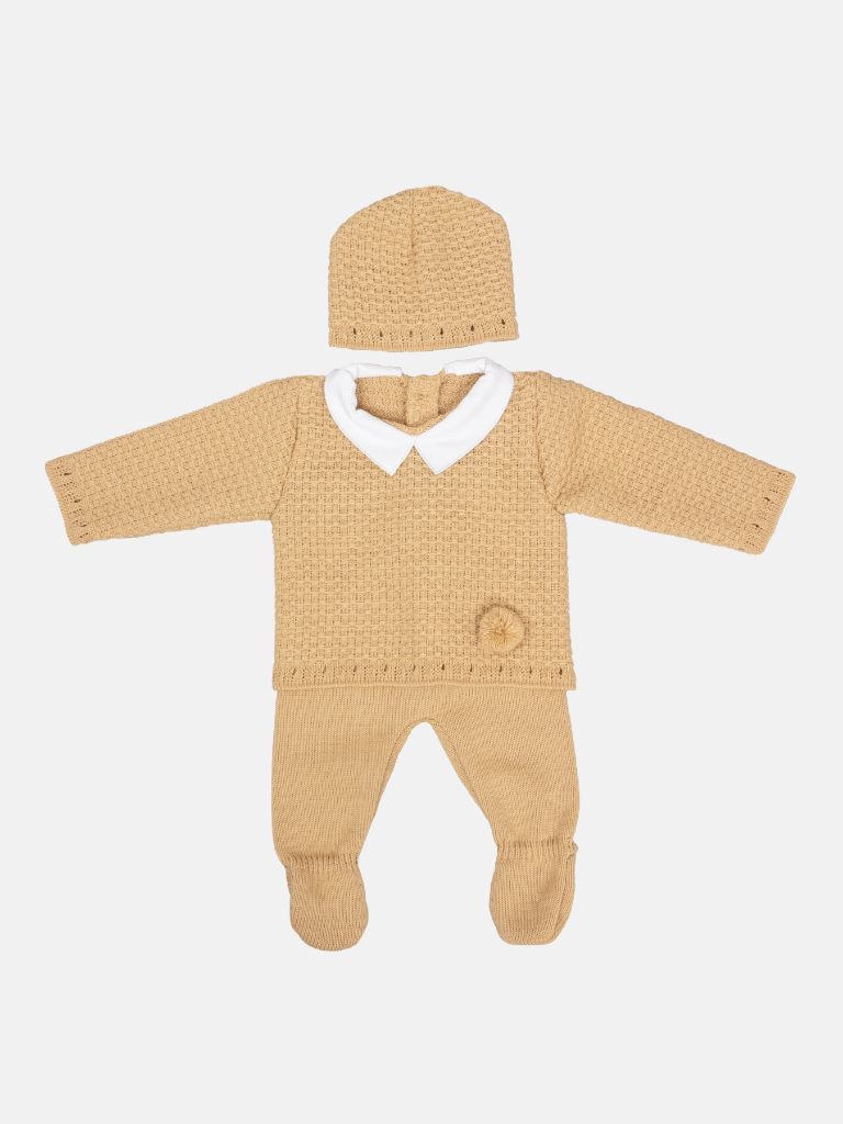 Baby Unisex Pom-pom 3-piece Camel Yellow Knitted Gift Box Set