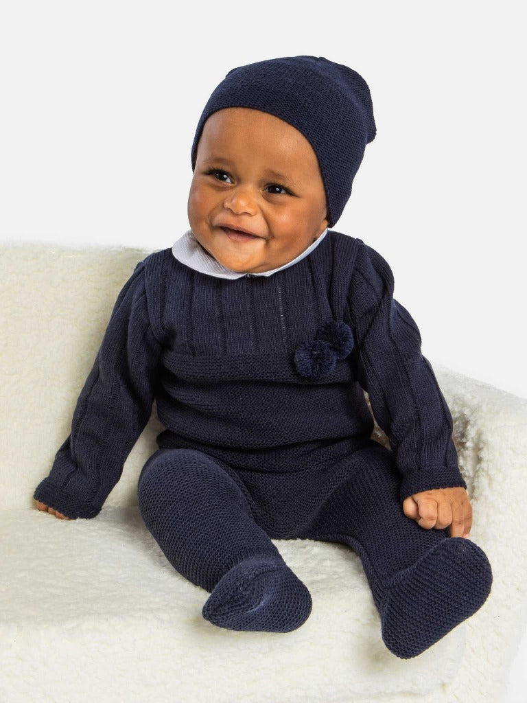 Baby Boy Hugo Collection 3-piece Navy Blue Knitted Set with Pom-poms and Hat