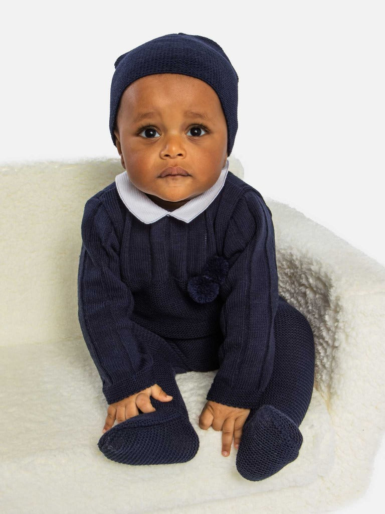 Baby Boy Hugo Collection 3-piece Navy Blue Knitted Set with Pom-poms and Hat