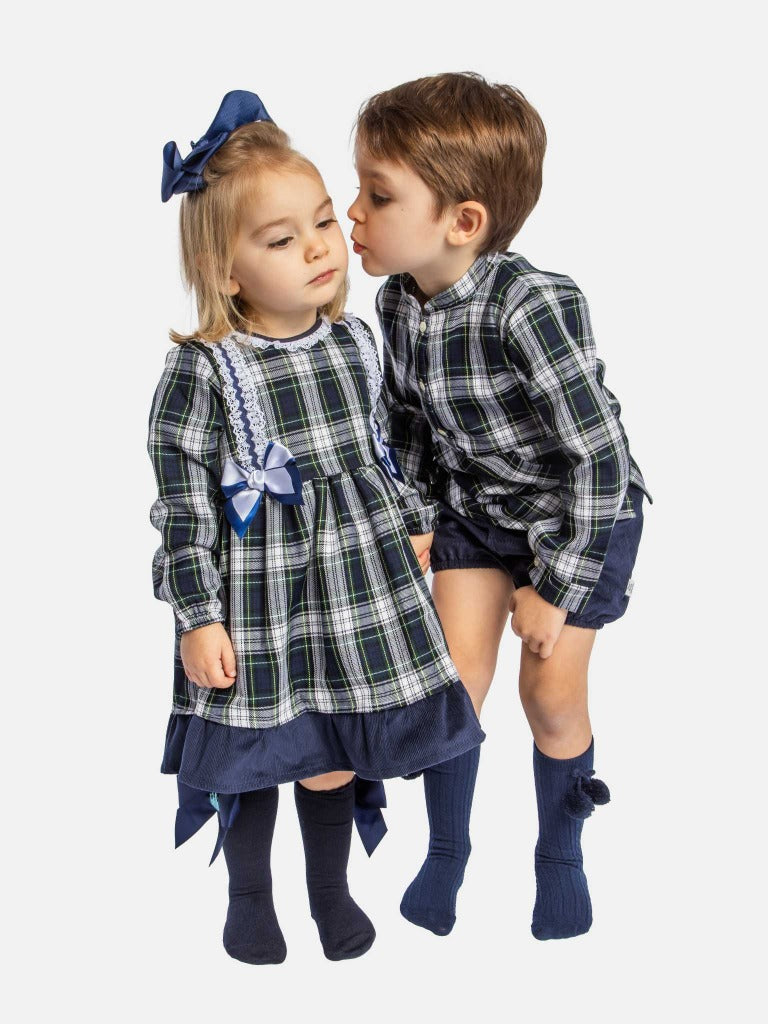 Baby Girl Ava Collection Navy Blue Tartan Spanish Dress with Bows, Lace and Velvet