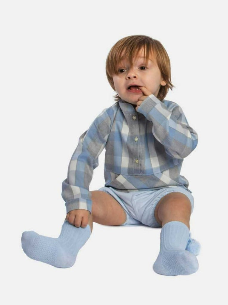 Baby Boy Aiden Collection Baby Blue Tartan Spanish Shirt with Jam Pants