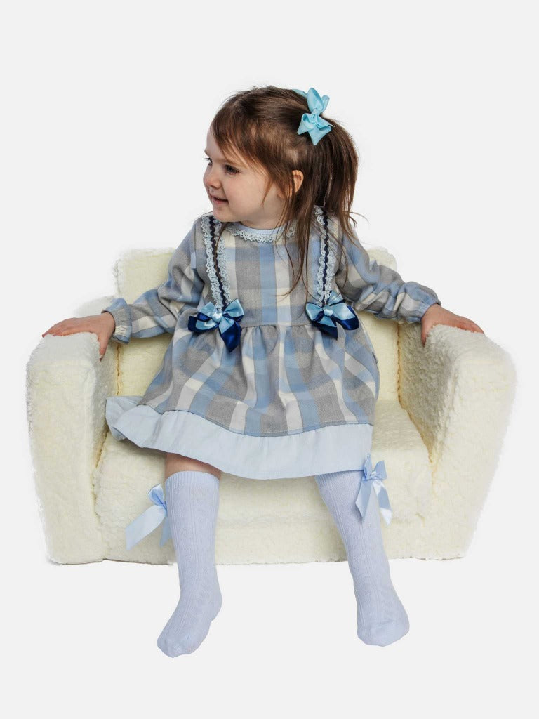 Baby Girl Ava Collection Baby Blue Tartan Spanish Dress with Bows, Lace and Velvet