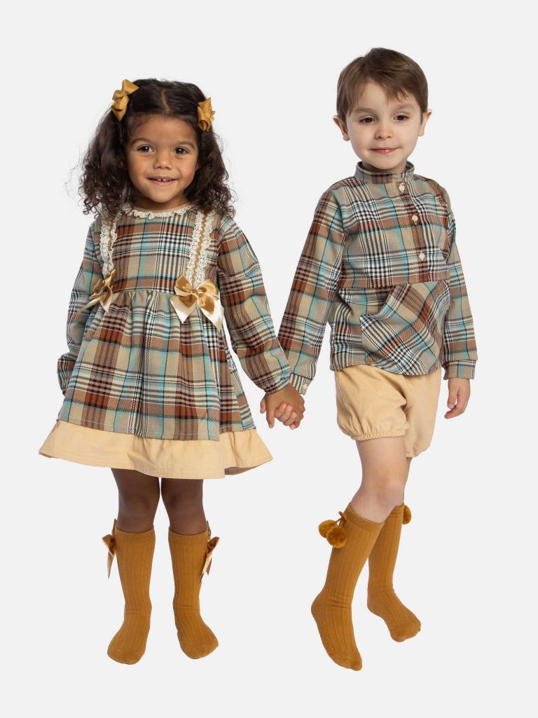 Baby Girl Ava Collection Mustard Yellow Tartan Spanish Dress with Bows, Lace and Velvet