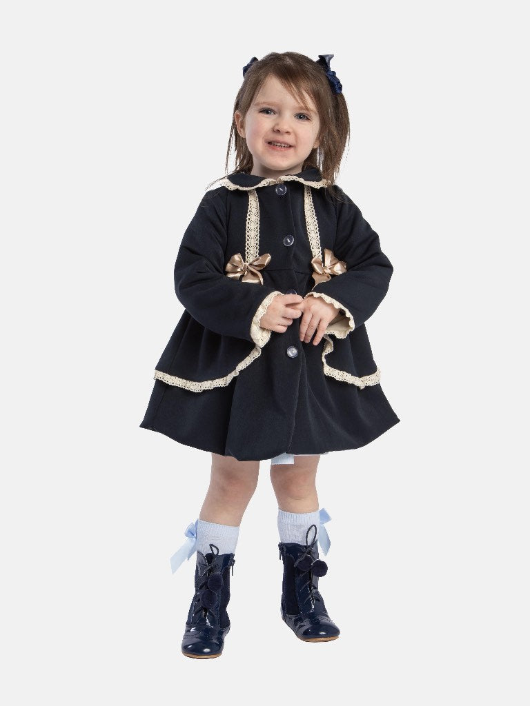 Baby Girl Dark Navy Luxury Spanish Coat with Lace and Bows