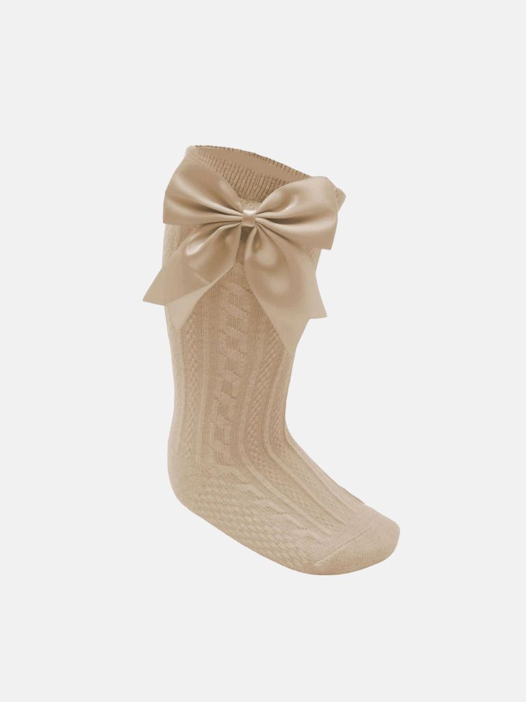 Baby Girl Elegant Cable-Knit Knee Socks with Satin Bow - Beige
