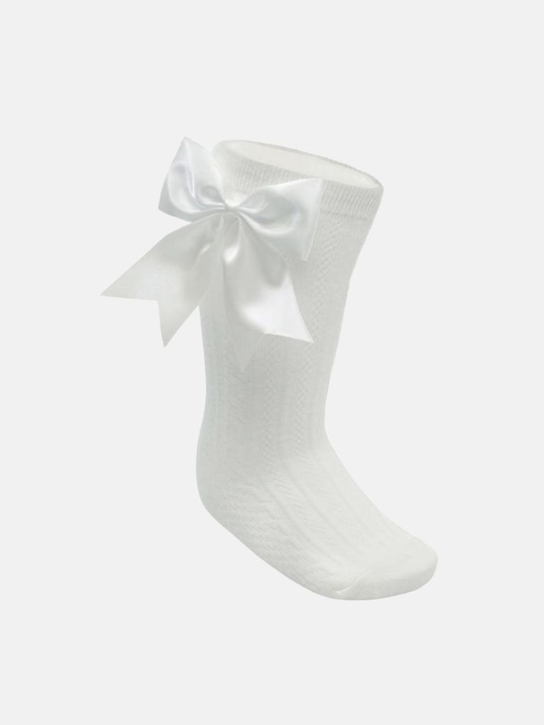 Baby Girl Elegant Cable-Knit Knee Socks with Satin Bow - White