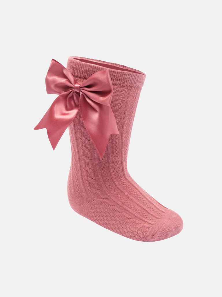 Baby Girl Elegant Cable-Knit Knee Socks with Satin Bow - Coral Pink
