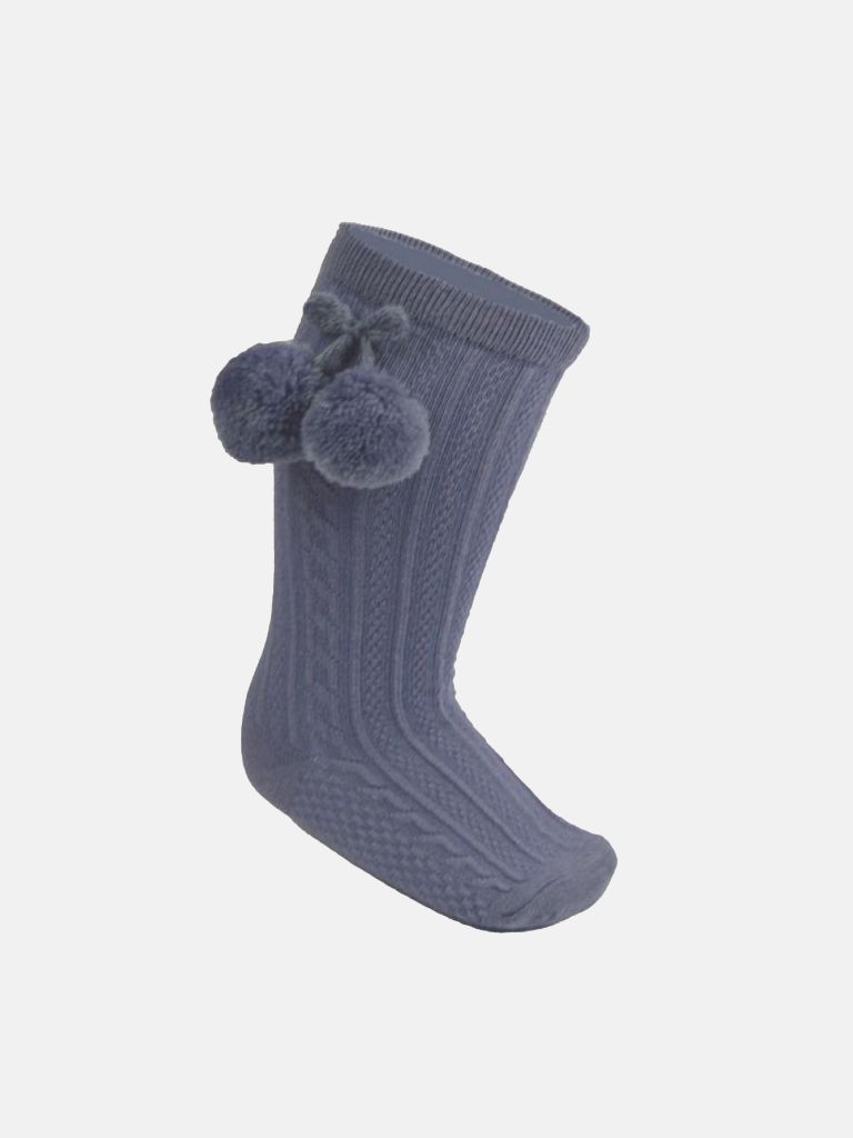 Baby Unisex Elegant Cable-Knit Knee Socks with Pom-pom - Dark Grey