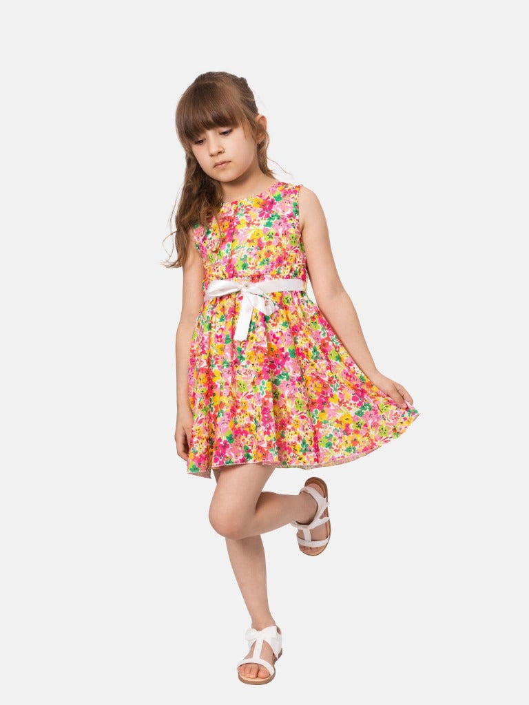 Junior Girl Budapest French Collection Printed Dress with Satin Belt - Yellow