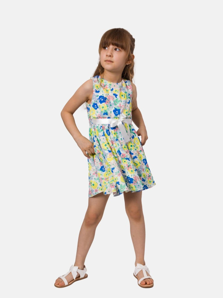 Junior Girl Budapest French Collection Summer Dress with Satin Ribbon Belt - Yellow & Blue