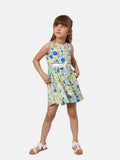 Junior Girl Budapest French Collection Summer Dress with Satin Ribbon Belt - Yellow & Blue
