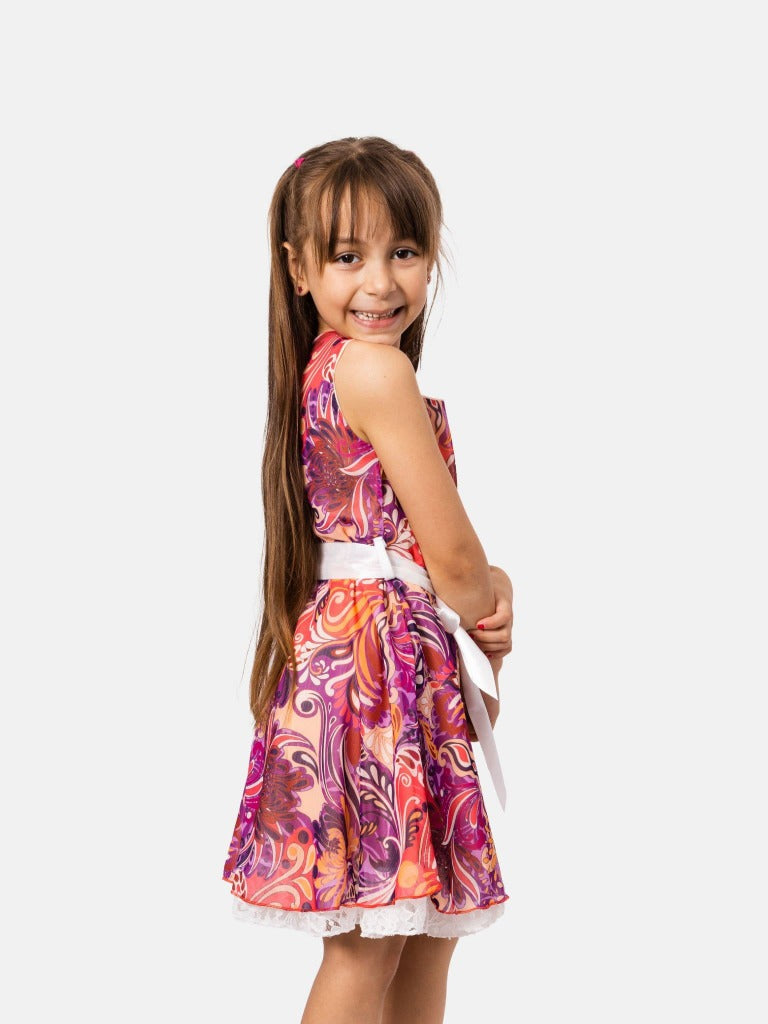 Junior Girl Budapest French Collection Printed Dress with Satin Belt - Orange & Purple