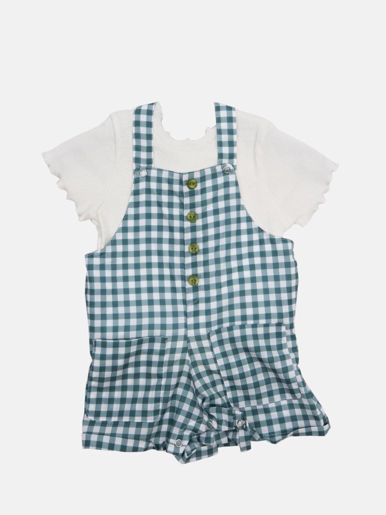 Baby Girl French Collection Checkered Dungaree with Frilly White Top Set with buttons - Emerald Green