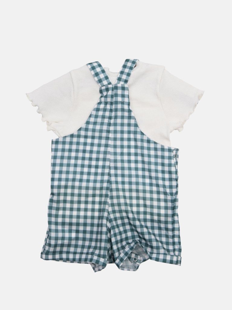 Baby Girl French Collection Checkered Dungaree with Frilly White Top Set with buttons - Emerald Green