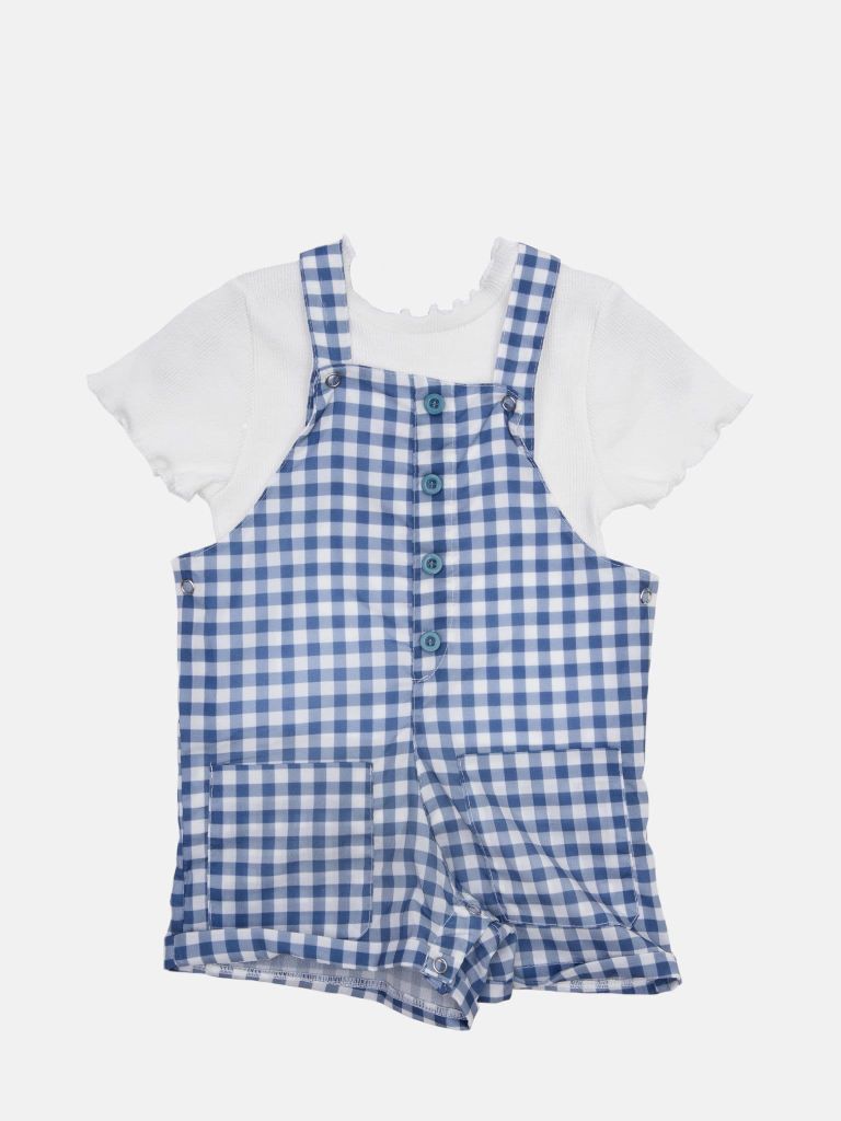 Baby Girl French Collection Checkered Dungaree with Frilly White Top Set with buttons - Blue