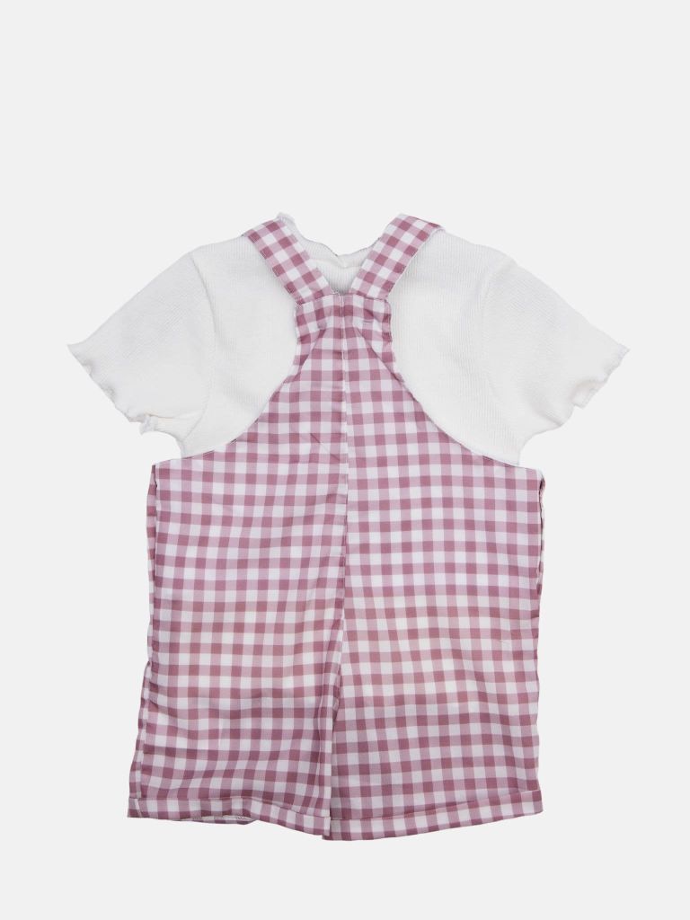 Baby Girl French Collection Checkered Dungaree with Frilly White Top Set with buttons - Rose Pink