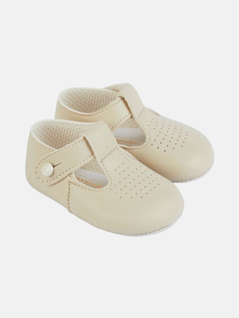Baypods Soft Sole Boys T-Bar Hole Punched Shoe - Cream-Beige