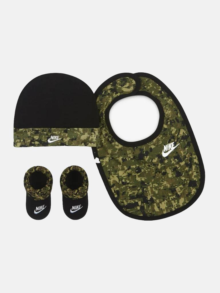 Nike Unisex Newborn 3 piece Camouflage Set with Hat, Bib and Booties - Olive Green