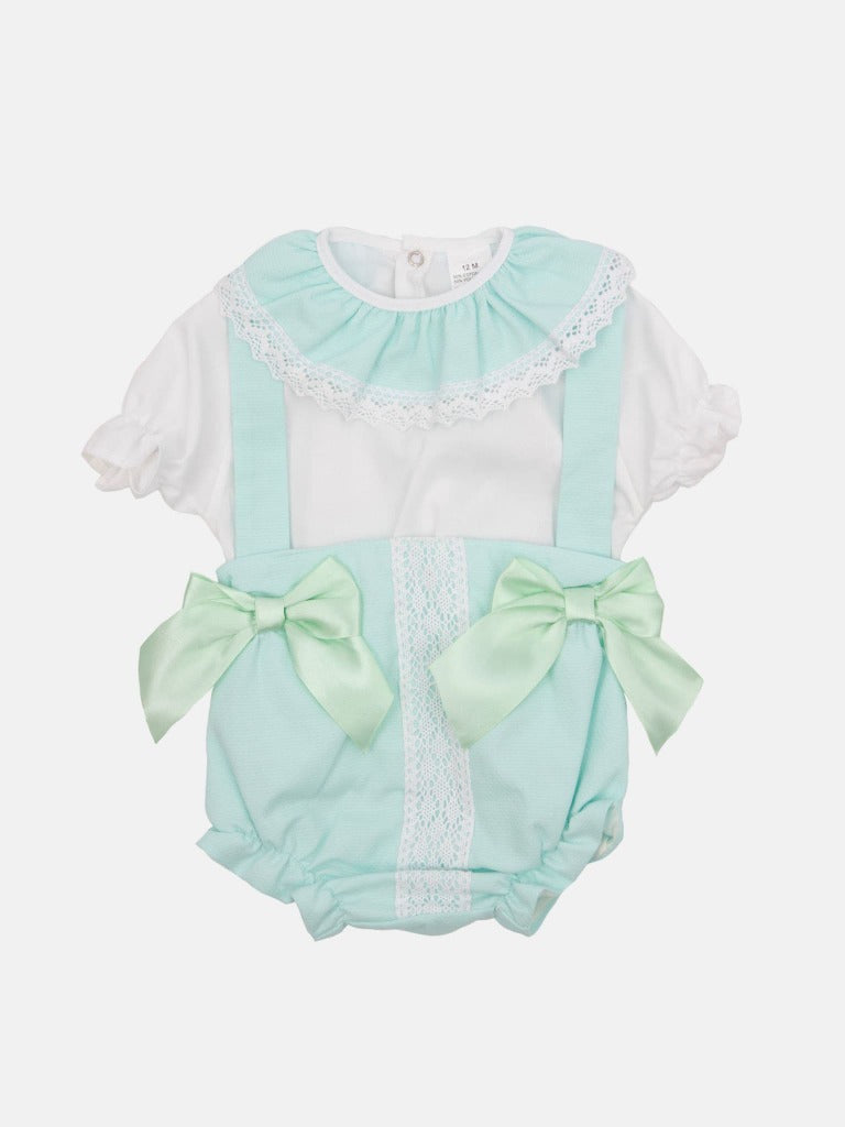 Baby Girl Faro Collection Mint Romper With Frill and Lace - Short Sleeves