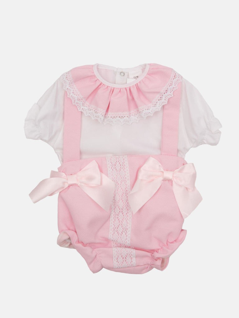 Baby Girl Faro Collection Baby Pink Romper With Frill and Lace - Short Sleeves
