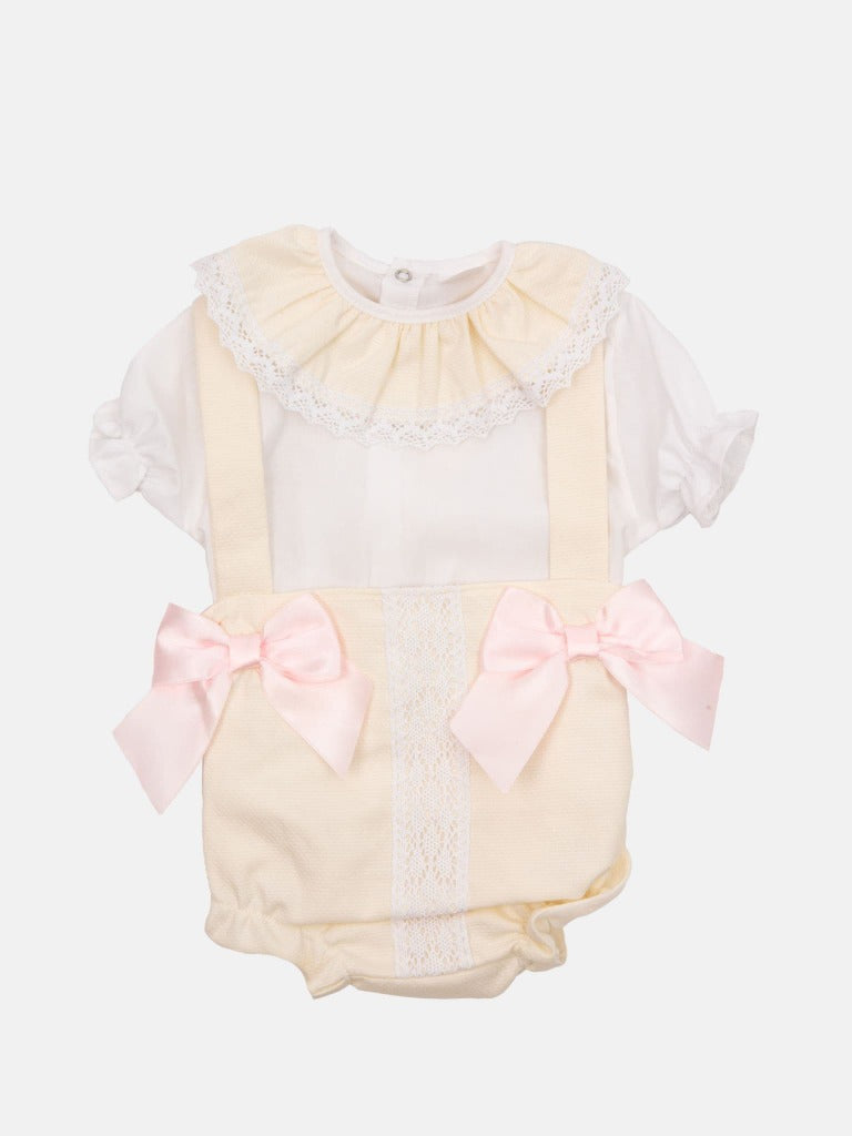 Baby Girl Faro Collection Cream Romper With Frill and Lace - Short Sleeves