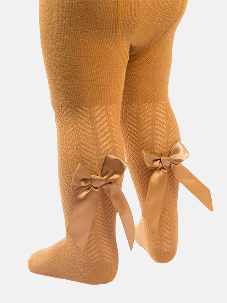 Baby Girl Tights with Satin Bow - Mustard Yellow
