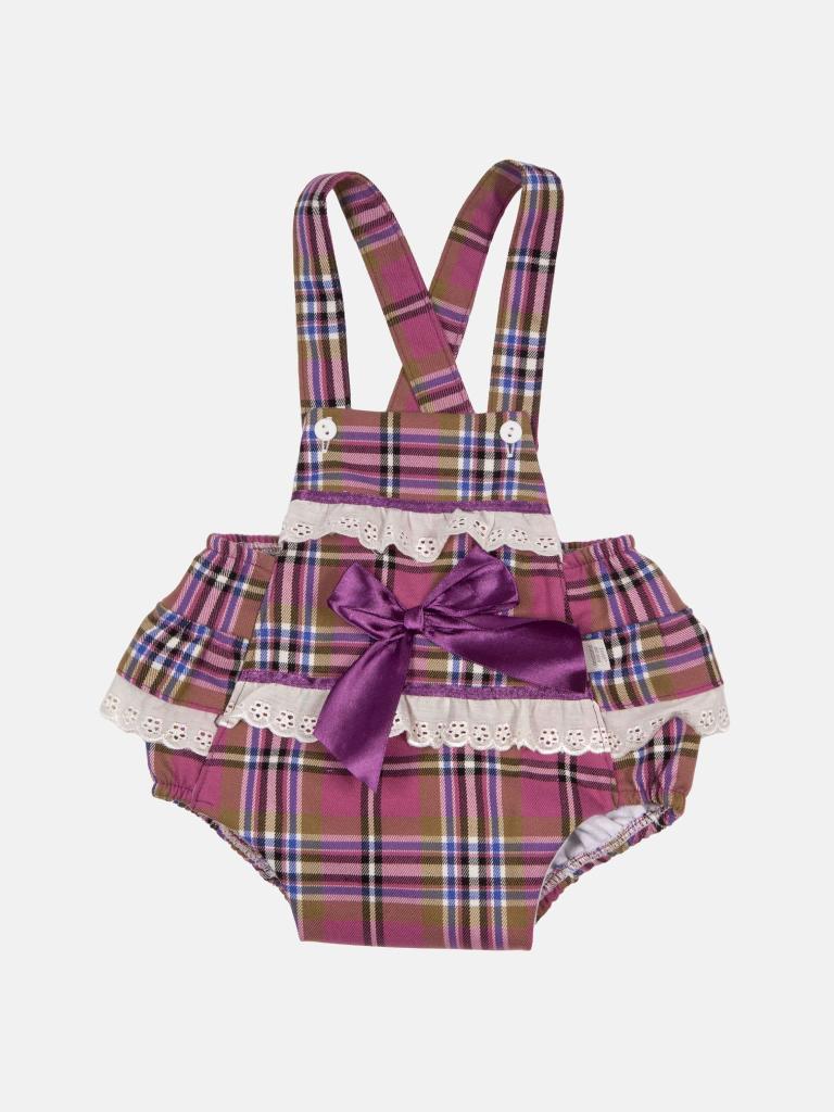 Baby Girl Luxury Tartan Romper - Lilac Pink with Purple Bow