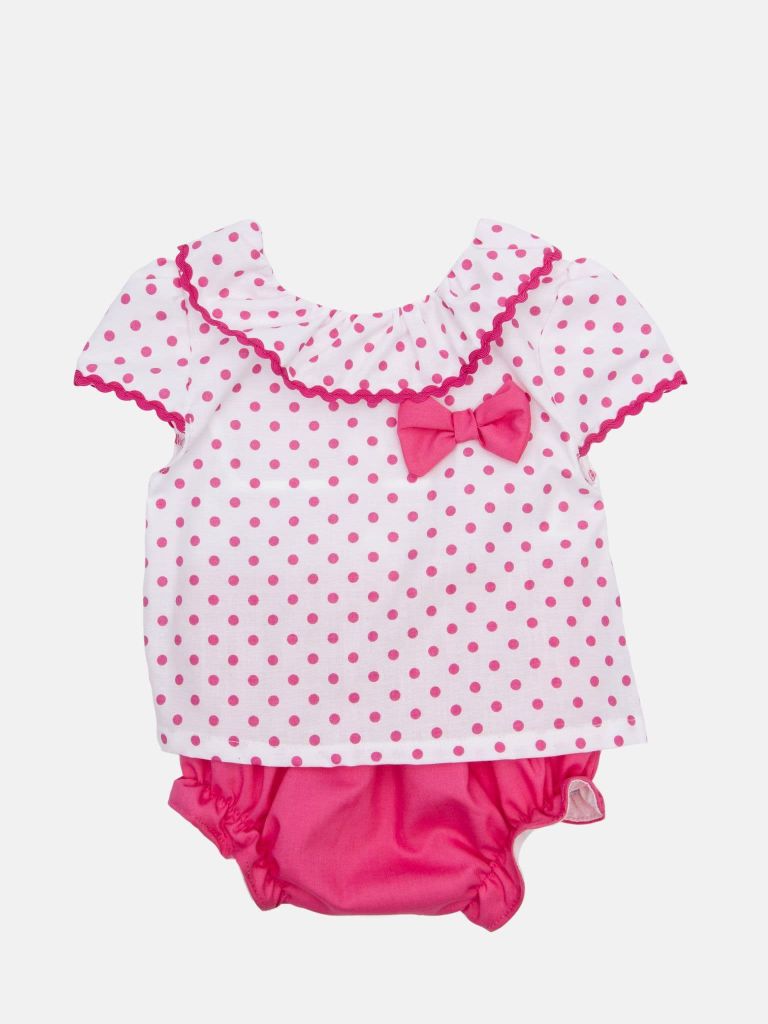 Baby Girl Polka Dot Collection Romper with bows and panties - Fuschia Pink