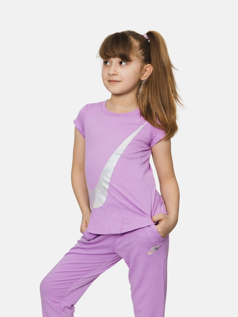 Nike Junior Girl Swoosh Printed Logo T-Shirt - Purple
