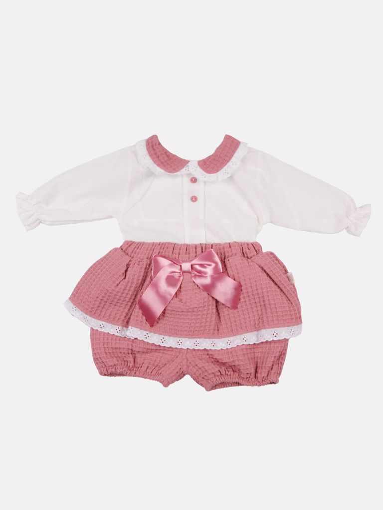 Baby Girl Rosa Waffle Romper with Big Bow and Lace - Dusty Pink