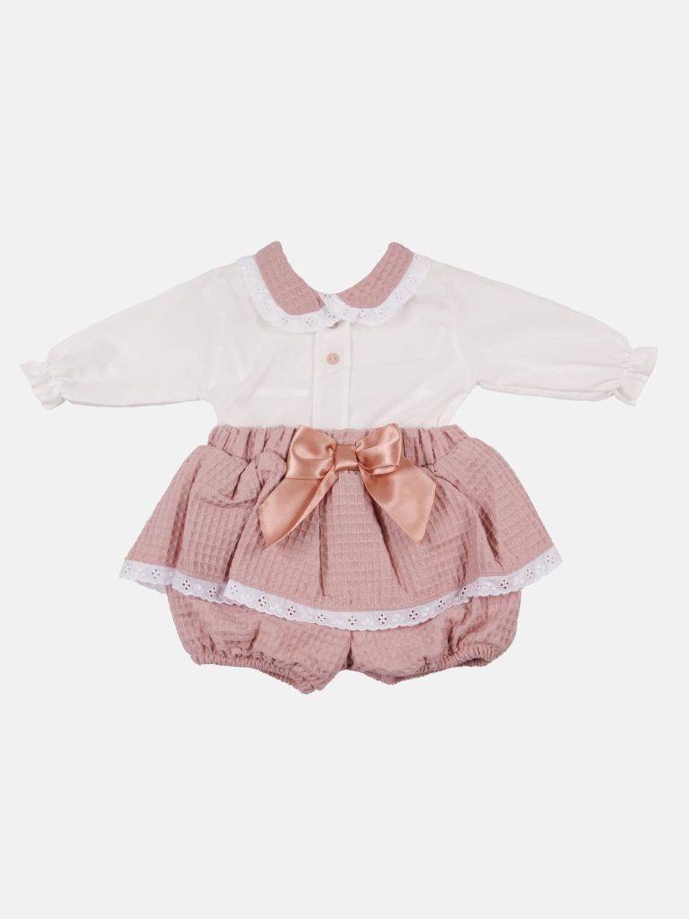 Baby Girl Rosa Waffle Romper with Big Bow and Lace - Rose Pink