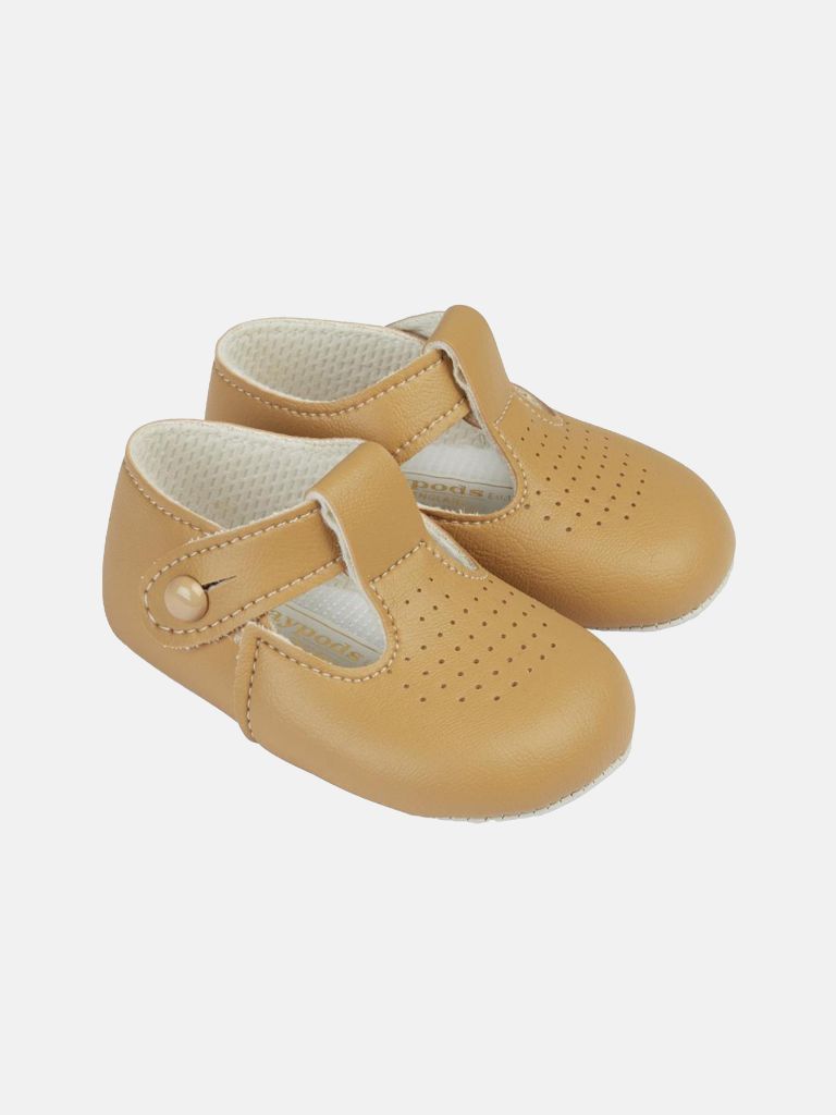 Baypods Soft Sole Boys T-Bar Hole Punched Shoe - Camel Brown