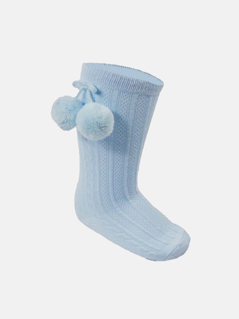 Baby Unisex Elegant Cable-Knit Knee Socks with Pom-pom - Baby Blue