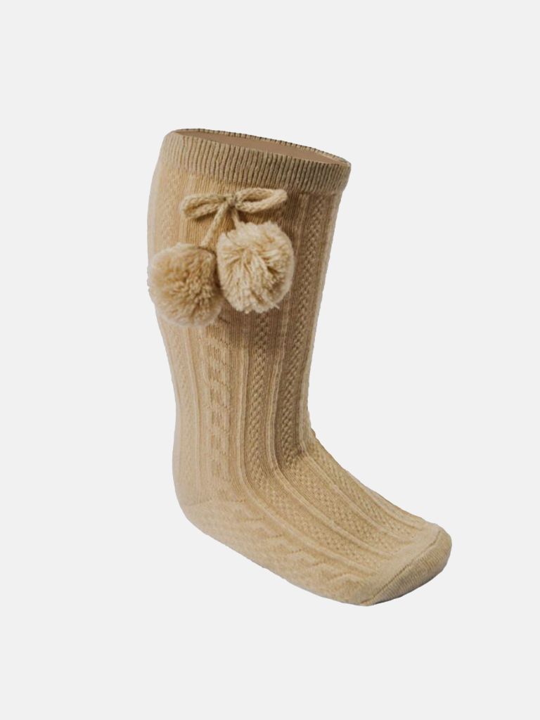 Baby Unisex Elegant Cable-Knit Knee Socks with Pom-pom - Beige