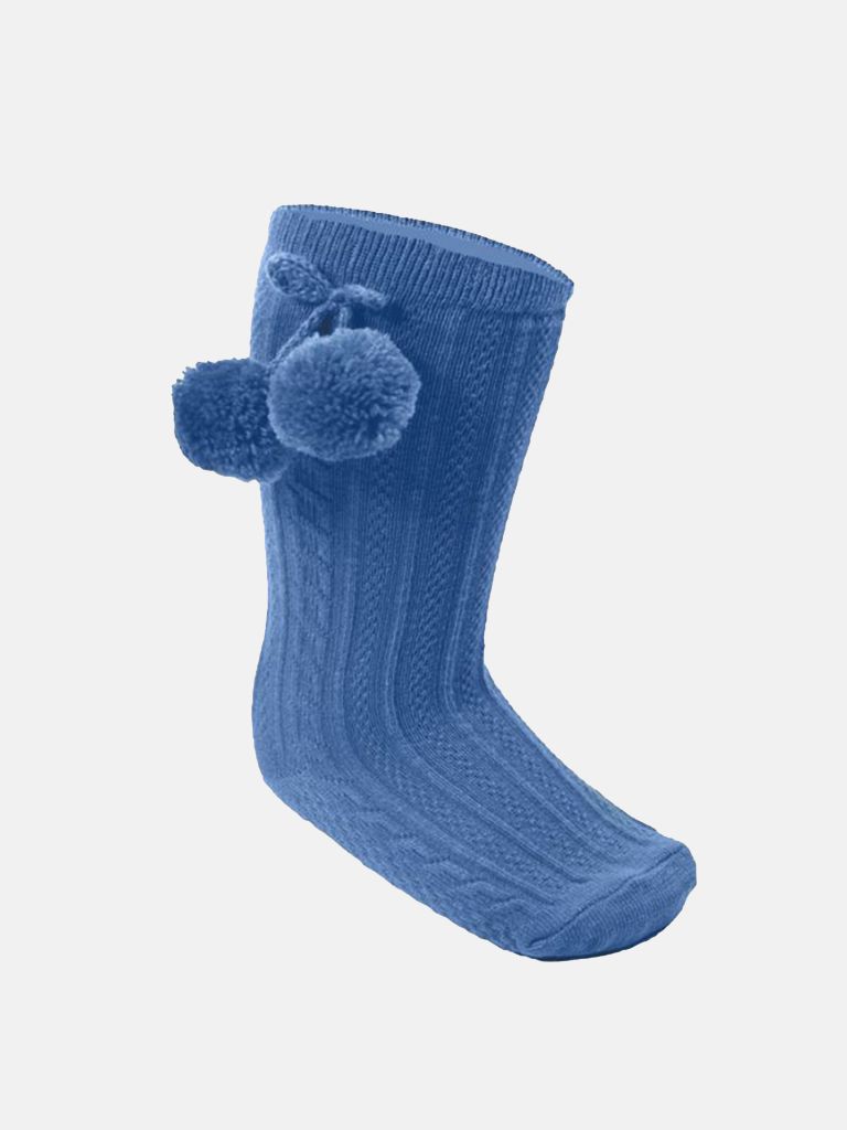 Baby Unisex Elegant Cable-Knit Knee Socks with Pom-pom - Blue